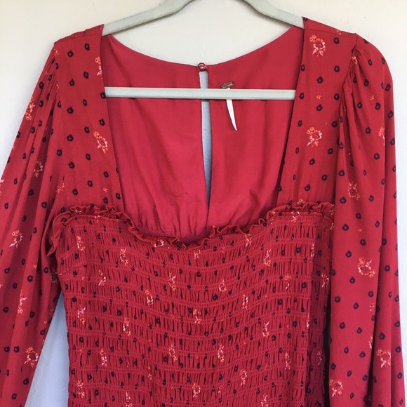 Free People Two Faces Mini Dress Size M Red Smocked Square Neck Cottage Boho - Picture 9 of 10